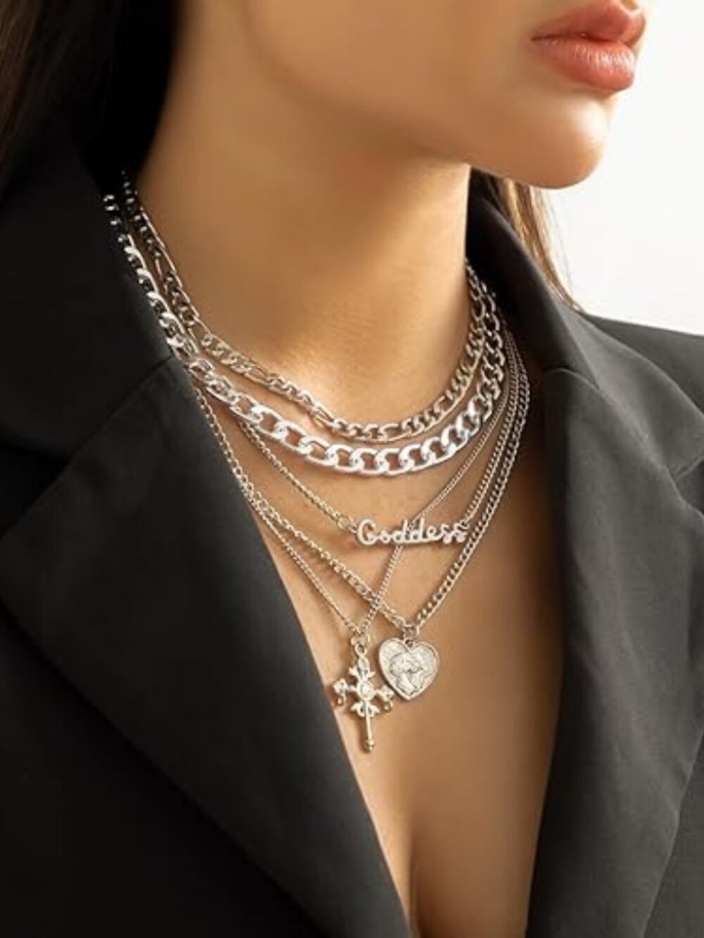 Layered Gold Necklace Stack Heart Coin Cross Paperclip Chain Set - Picture 2 of 6